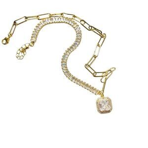 18k Gold Filled “Athena” White Baguette CZ  Halo and Paperclip Chain Necklace